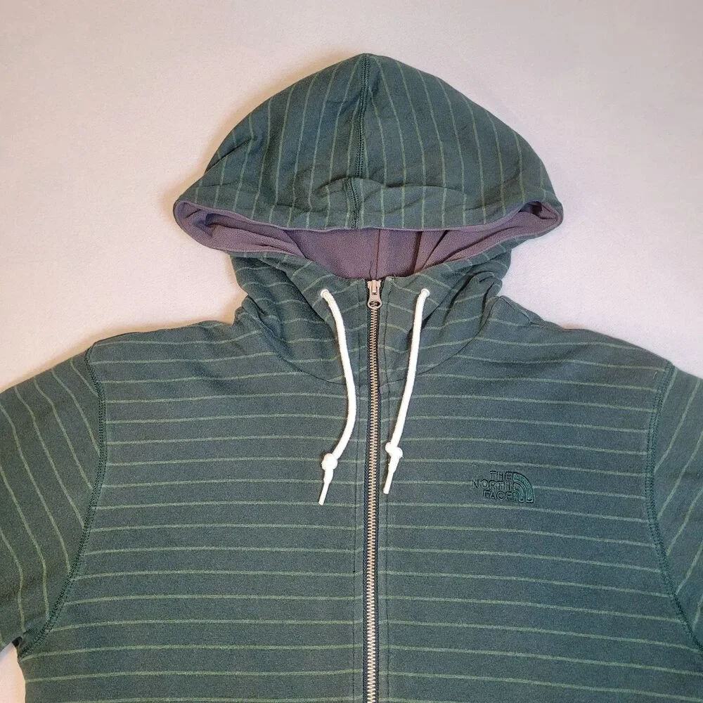 The North Face Men's Medium Green Striped Cotton Zip Up Lined Hoodie Y2K Style